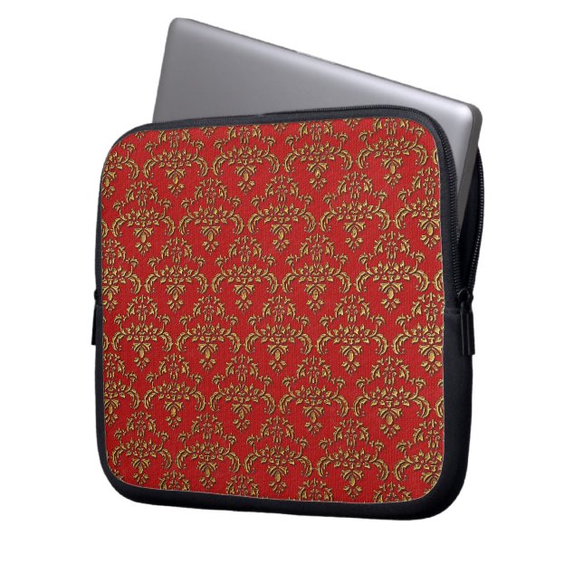 Gold and Red Damask Pattern Laptop Sleeve (Front Left)