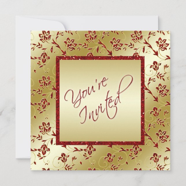 Gold and Red FAUX Glitter Wedding Invitation (Front)