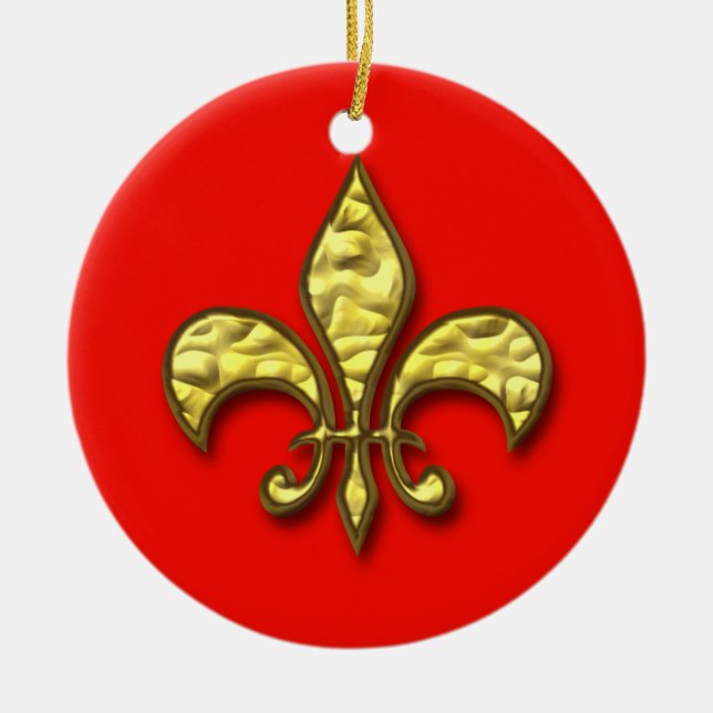 Gold and Red Fleur de Lis Christmas Ornament (Front)
