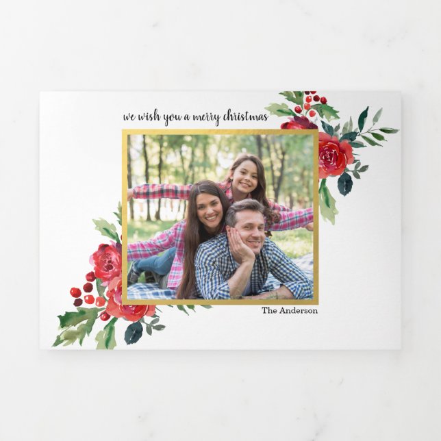 Gold and red floral berries Christmas Multi Photo Tri-Fold Holiday Card (Cover)