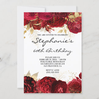 Gold and Red Floral Borders 60th Birthday Invitation
