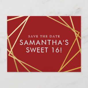 Gold and Red Geometric Sweet 16 Save the Date Announcement Postcard