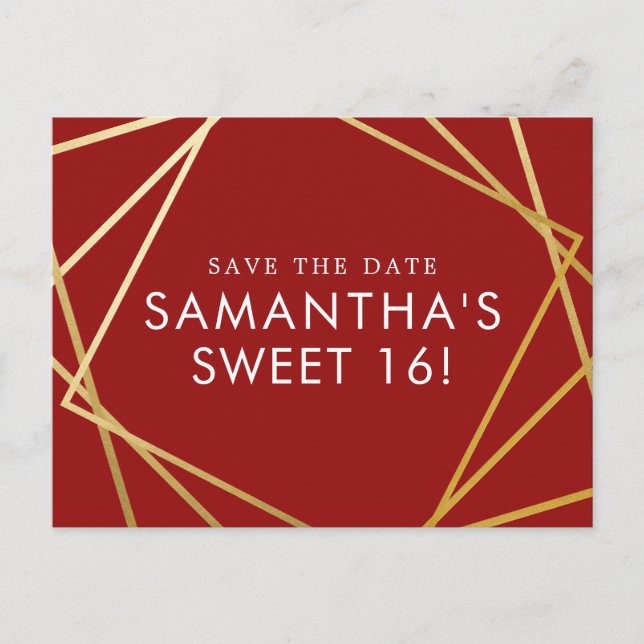 Gold and Red Geometric Sweet 16 Save the Date Announcement Postcard (Front)