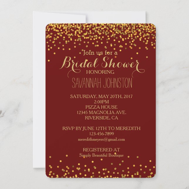 Gold and Red Glam Confetti Dots bridal shower Invitation (Front)