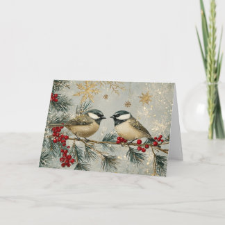 Gold and Red Glitter Chickadees with Snow Card