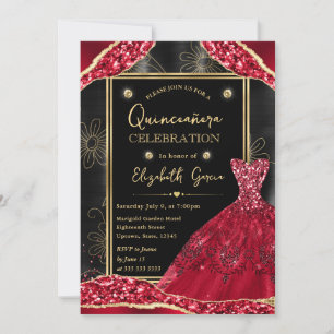 Gold and Red Glitter Dress Quinceanera Invitation