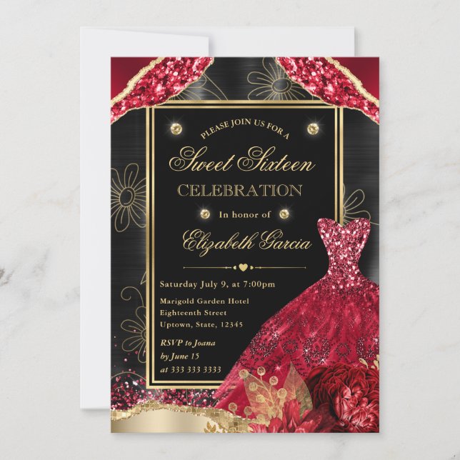 Gold and Red Glitter Dress Sweet Sixteen Invitation (Front)