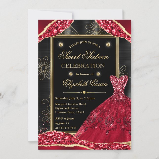 Gold and Red Glitter Dress Sweet Sixteen Invitation (Front)
