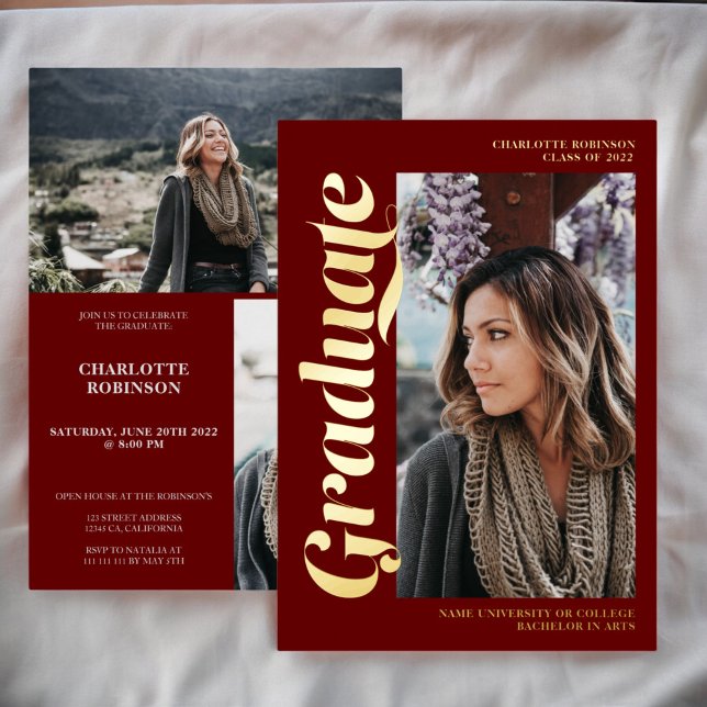 Gold and red graduate script 3 photos graduation (Gold and red graduate script 3 photos graduation foil invitation)