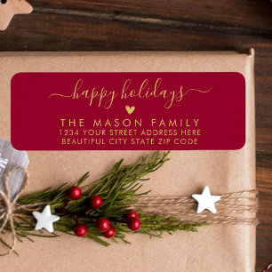 Gold and Red Happy Holidays Script Return Address