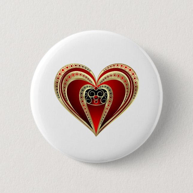 Gold and Red Heart 6 Cm Round Badge (Front)