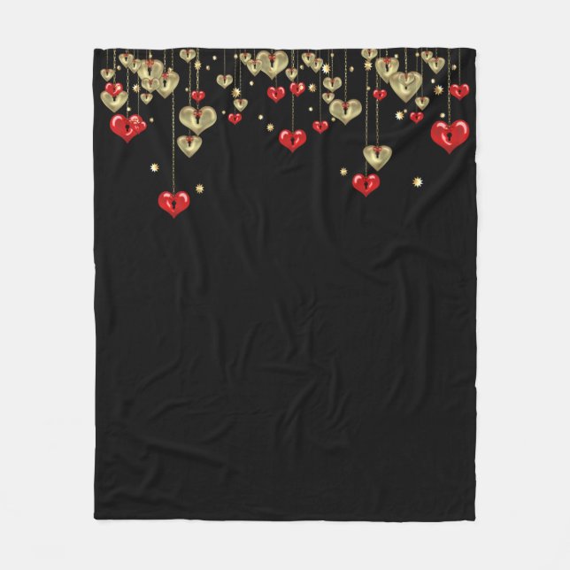Gold and red hearts on black background fleece blanket (Front)
