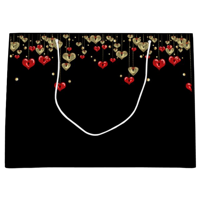 Gold and red hearts on black background large gift bag (Front)