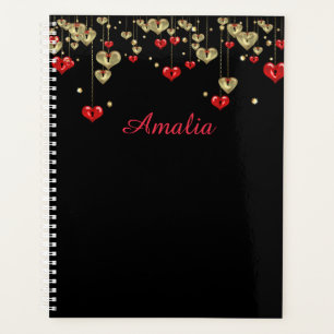 Gold and red hearts on black background planner