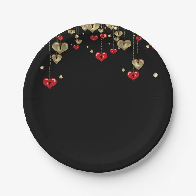 Gold and red hearts on black background square sti paper plate (Front)