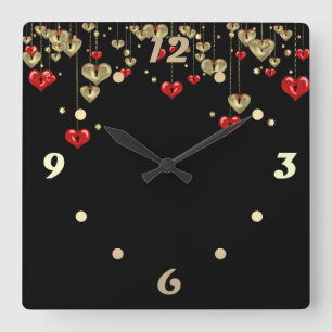 Gold and red hearts on black background square wall clock