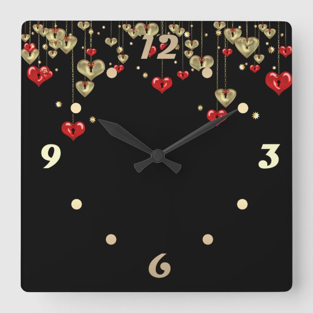 Gold and red hearts on black background square wall clock (Front)
