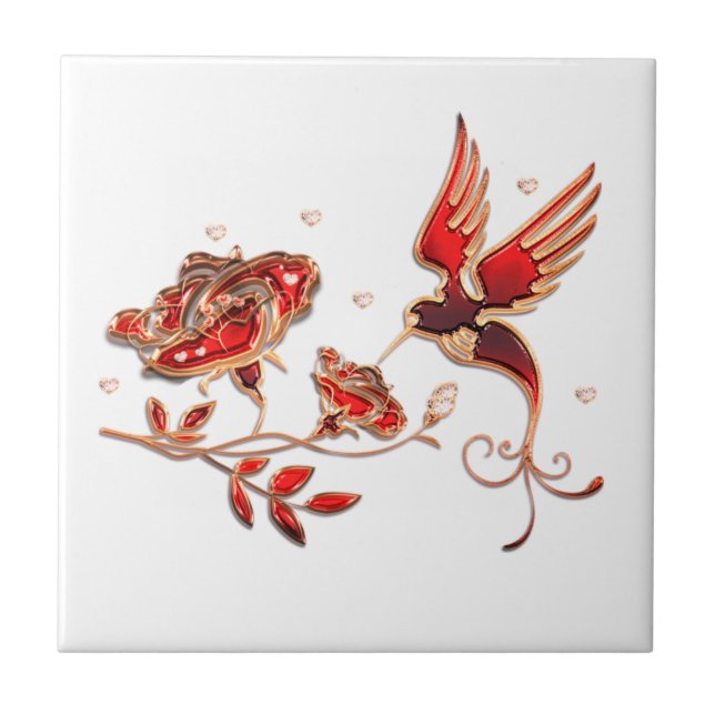 Gold and Red Jewellery with Bird and Rose Tile (Front)