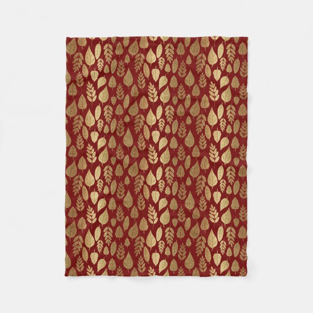 Gold and Red Leaf Pattern Fleece Blanket (Front)