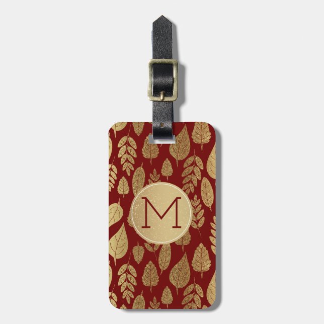 Gold and Red Leaf Pattern & Monogram Luggage Tag (Front Vertical)