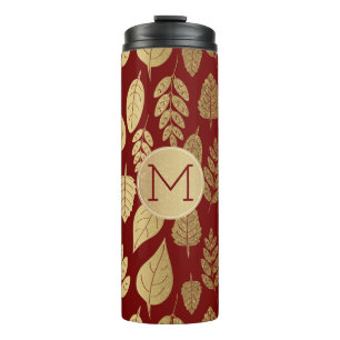 Gold and Red Leaf Pattern & monogram Thermal Tumbler