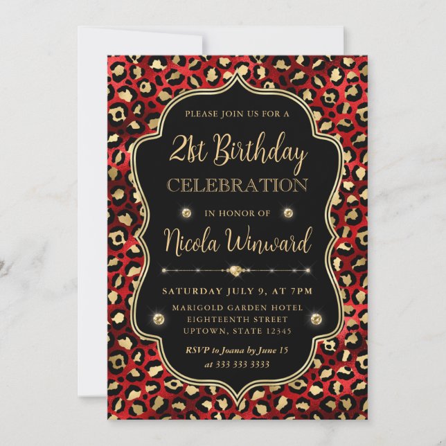 Gold and Red Leopard Print Birthday Party Invitation (Front)