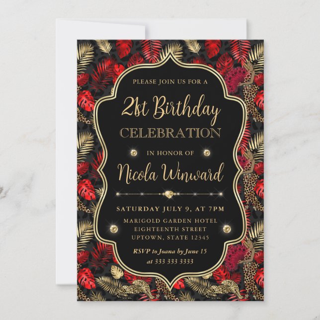 Gold and Red Leopard Print Birthday Party Invitation (Front)