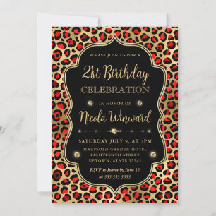 Gold and Red Leopard Print Birthday Party Invitation