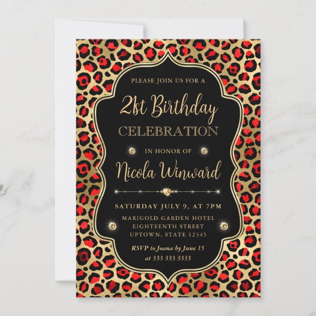 Gold and Red Leopard Print Birthday Party Invitation (Front)