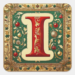 Gold and Red Letter I with Christmas Greenery Square Sticker