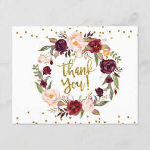 Gold and Red Marsala Floral Thank You Card