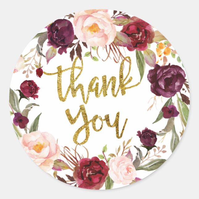 Gold and Red Marsala Floral Thank You Sticker (Front)