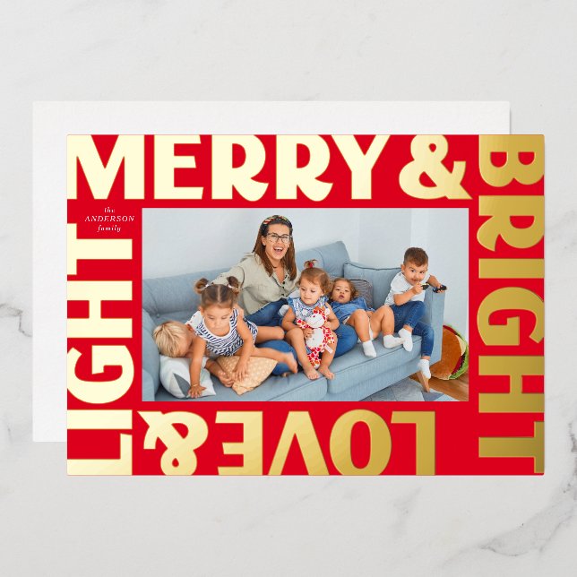 Gold and Red Merry and Bright Love and Light Foil Holiday Card (Front/Back)