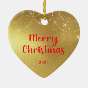 Gold and Red Merry Christmas Family Photo Ceramic Tree Decoration