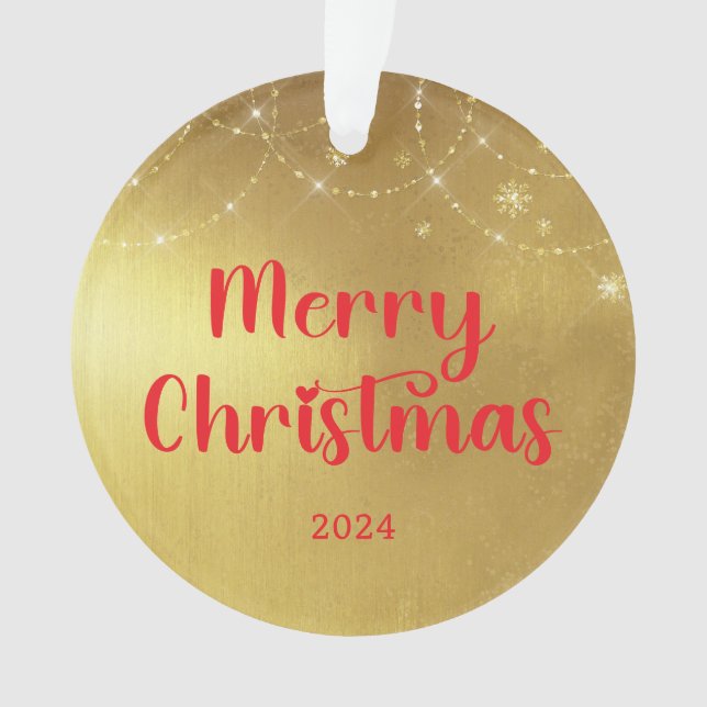 Gold and Red Merry Christmas Photo Ornament (Front)