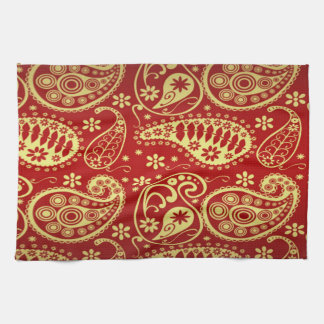 Gold And Red Paisley Pattern Tea Towel