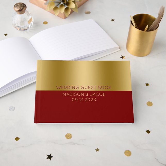 Gold and Red Personalised Wedding Guest Book (Front Open)