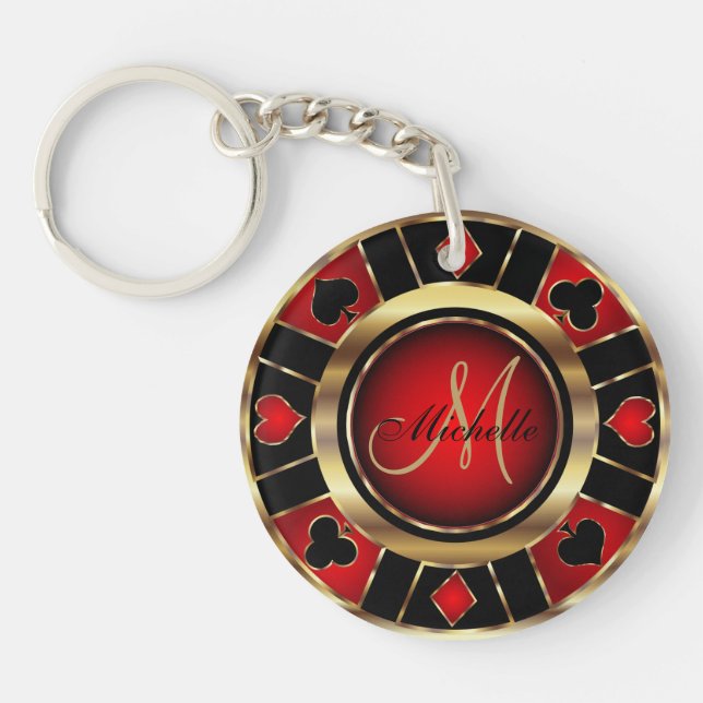 Gold and Red Poker Chip Design - Monogram Key Ring (Front)
