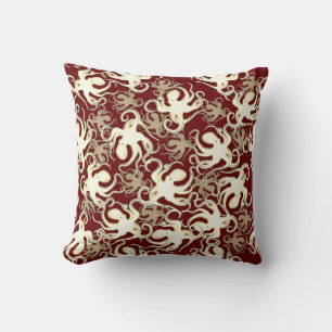 Gold And Red Repeating Motif Octopus Pattern Cushion