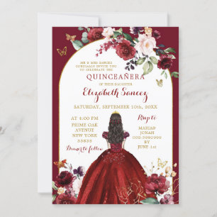 Gold and Red Roses Floral Quinceañera Invitation