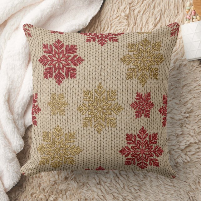 Gold and Red Snowflake Knit Pattern on Cream Cushion (Blanket)