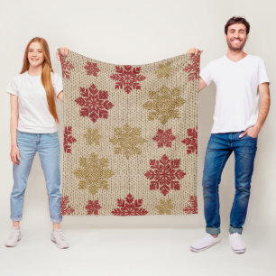 Gold and Red Snowflake Knit Pattern on Cream Fleece Blanket