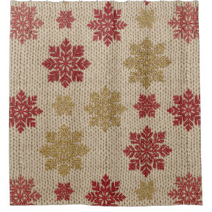 Gold and Red Snowflake Knit Pattern on Cream Shower Curtain
