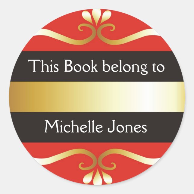 Gold And Red This Book Belongs To Bookplates Classic Round Sticker (Front)
