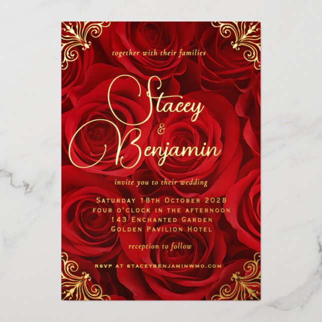 Gold and Red Wedding Invitation in Gold Foil Foil  (Front)