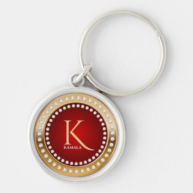 Gold and Red White Diamonds Monogram Key Ring (Front)