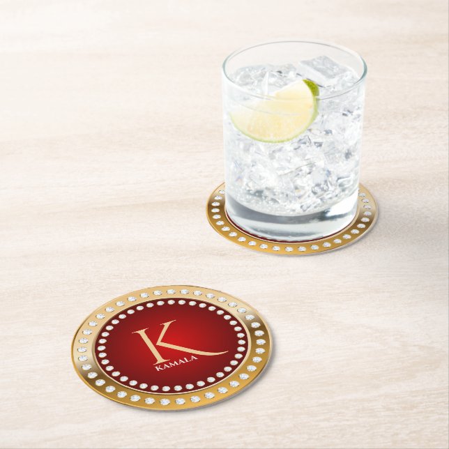 Gold and Red White Diamonds Monogram Round Paper Coaster (Insitu)
