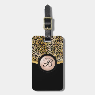 Gold and Rose Leopard Animal Print Monogram Luggage Tag