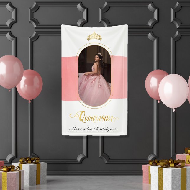 Gold and Rose Pink Photo Quinceanera Banner (Creator Uploaded)