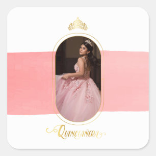 Gold and Rose Pink Photo Quinceanera Square Sticker
